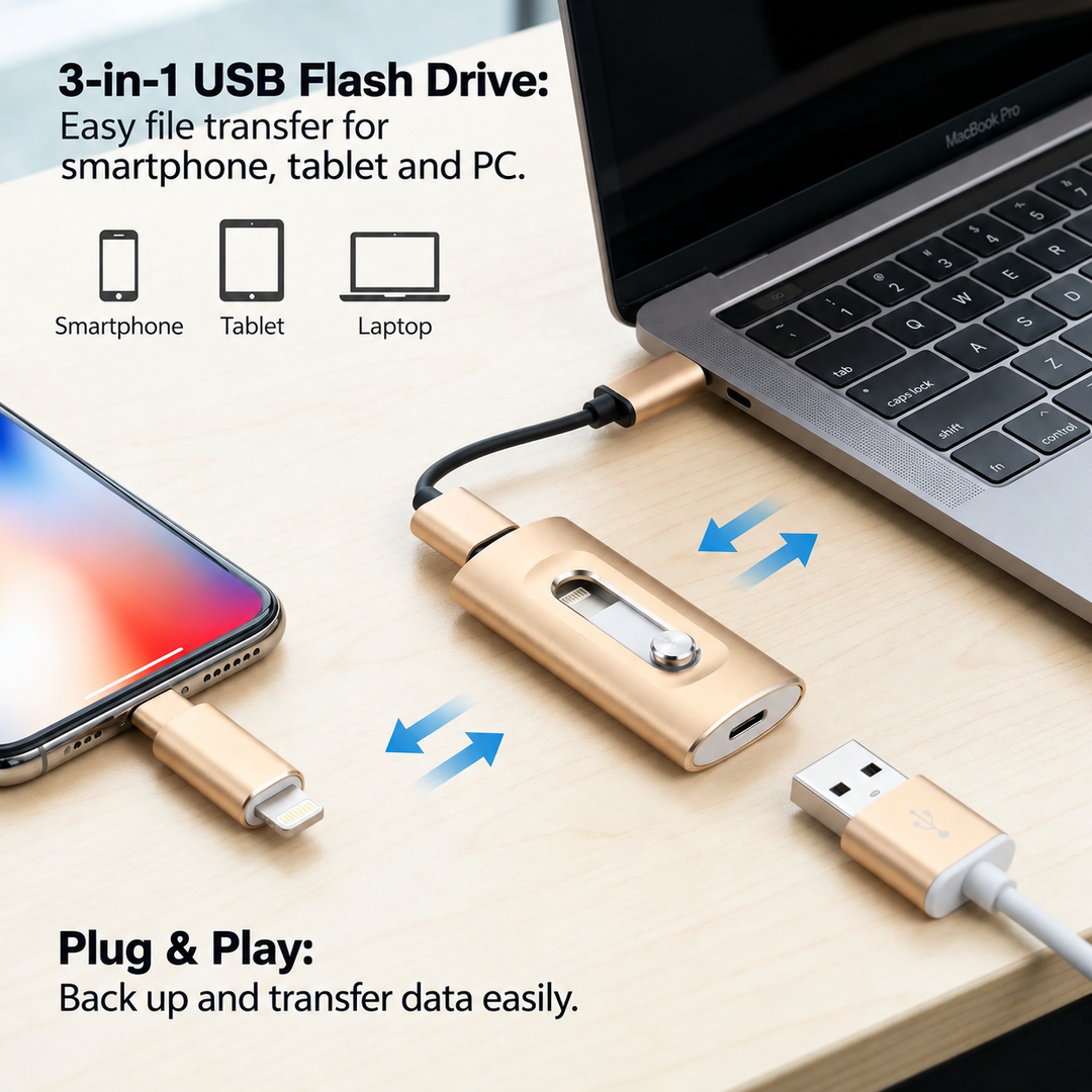Gold flash drive with a lightning connector, USB-C adapter and USB cable connected to a phone and laptop.