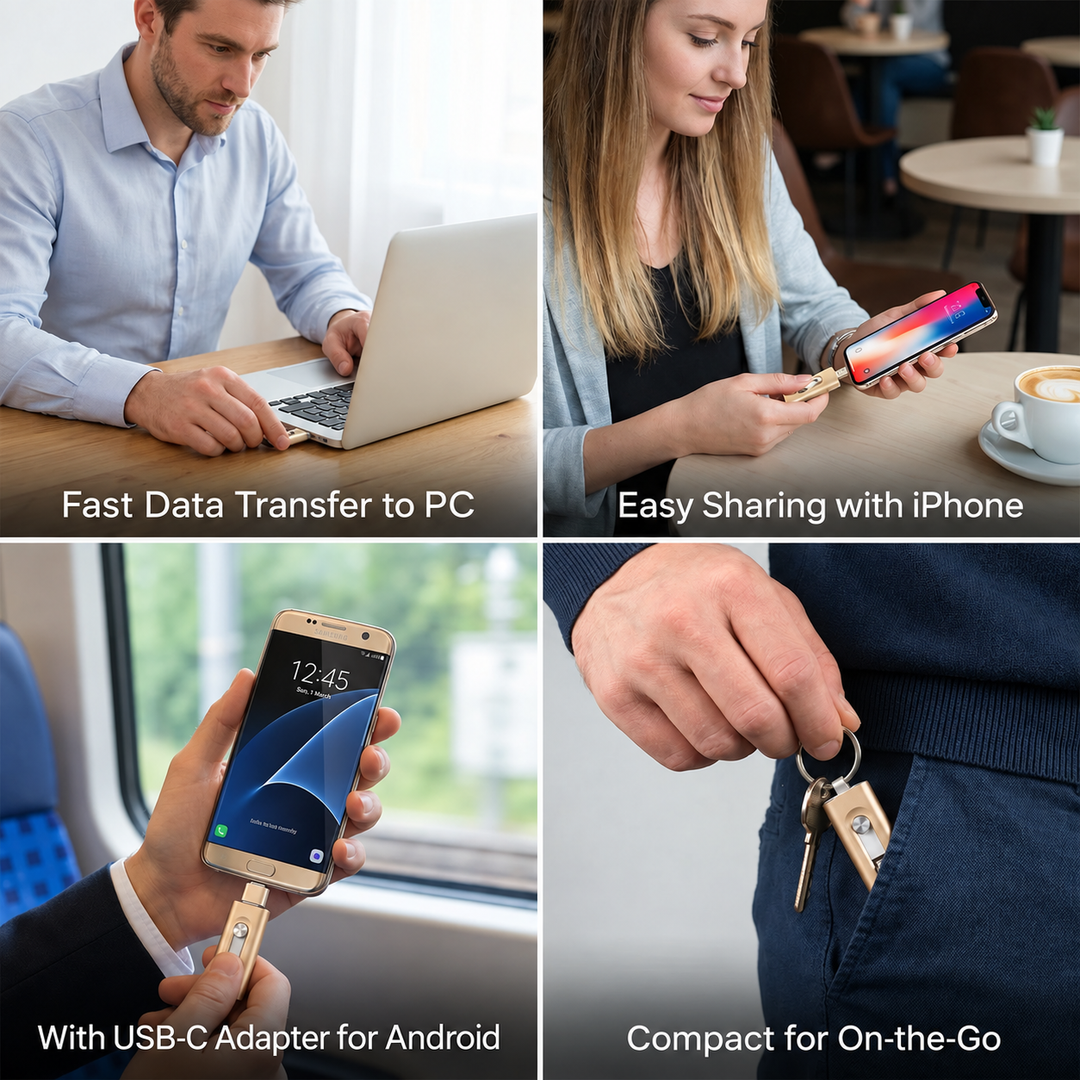 Four-panel collage of the gold flash drive in use with a laptop, iPhone, Android phone, and key ring.