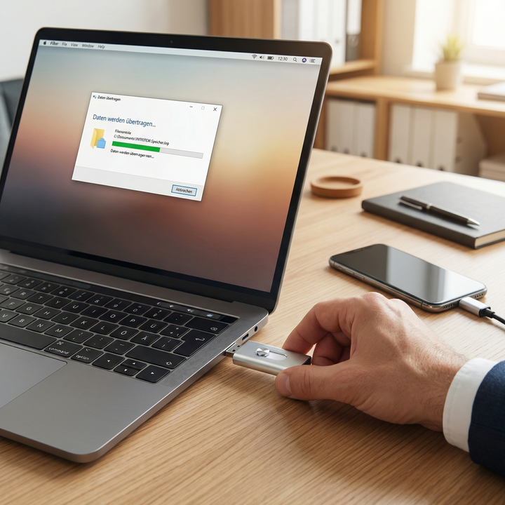 Silver flash drive plugged into a laptop port while a file transfer window shows on screen.