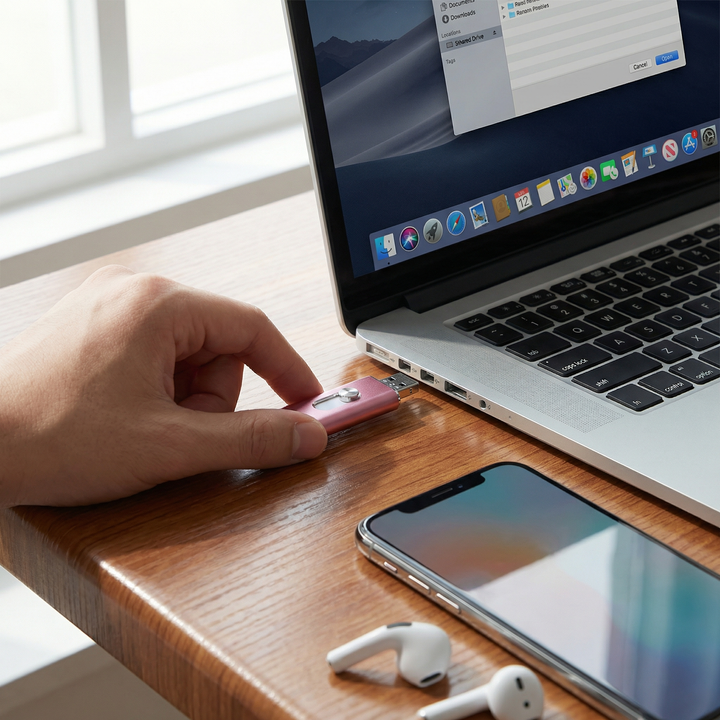 Hand plugging a pink flash drive into a laptop's USB port with a smartphone and wireless earbuds nearby.