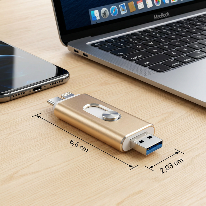 Gold flash drive lying on a desk with its connectors extended and dimension arrows marking its length and width.