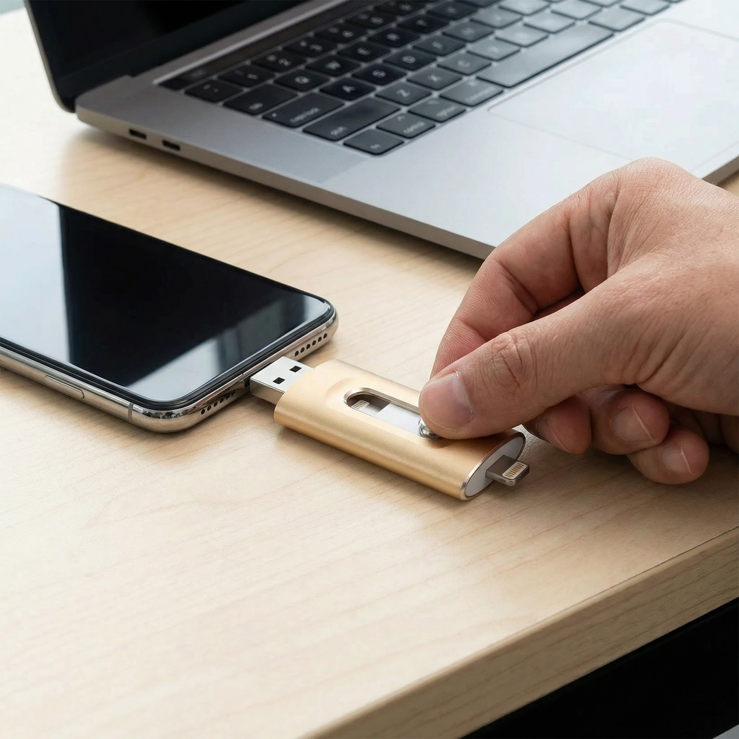 Gold 3-in-1 USB flash drive with the connector extended next to a phone and laptop.