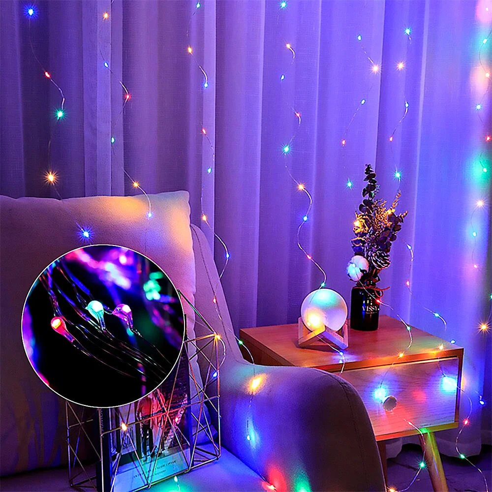 Multicolor lights hung like a curtain in a cozy corner with an armchair and side table 7
