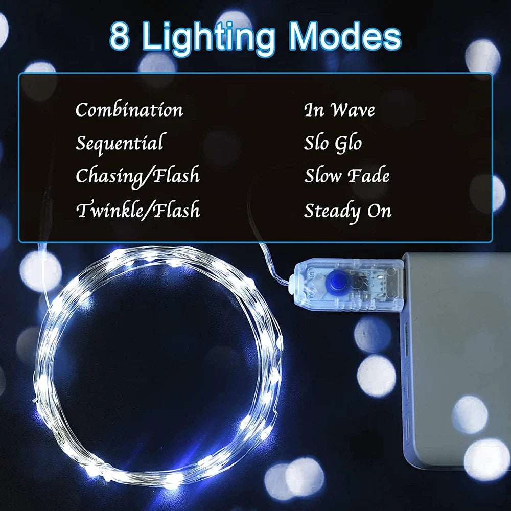 Ring of cool white wire lights connected to a USB controller, with a list of eight lighting modes 8