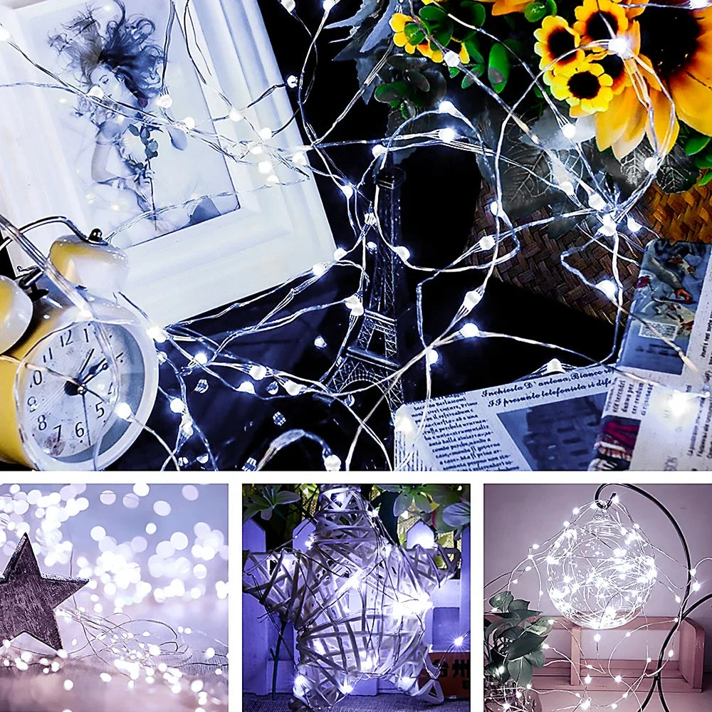 Cool white wire lights woven through a photo frame, clock, sunflowers, and other decor, with three smaller scenes below 9