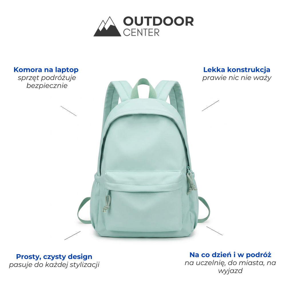 Mint green backpack detail with feature callouts laid out as an infographic in Polish.