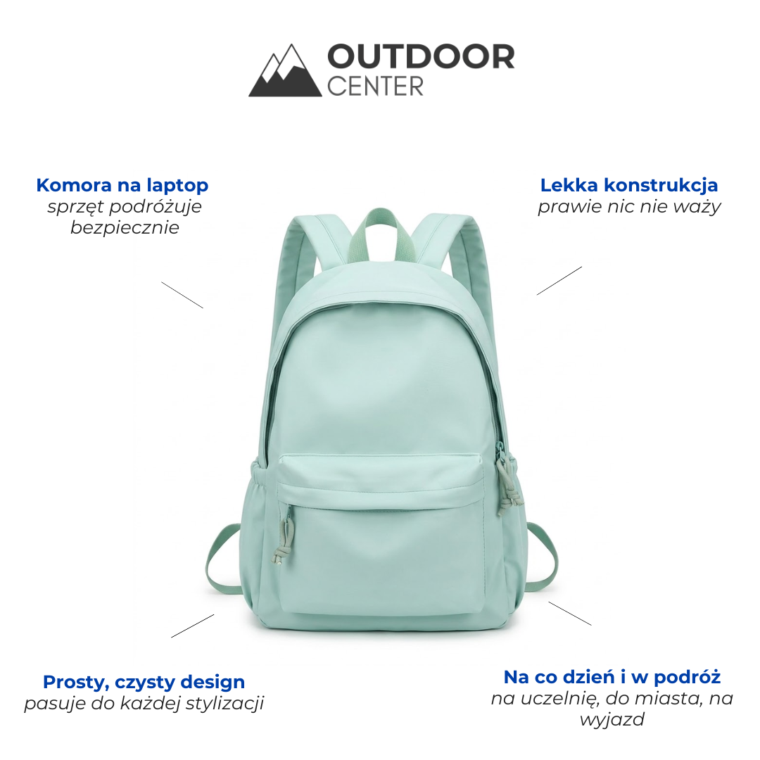 Mint green backpack detail with feature callouts laid out as an infographic in Polish.