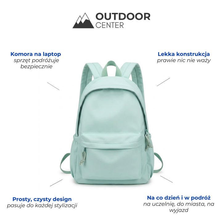 Mint green backpack detail with feature callouts laid out as an infographic in Polish.