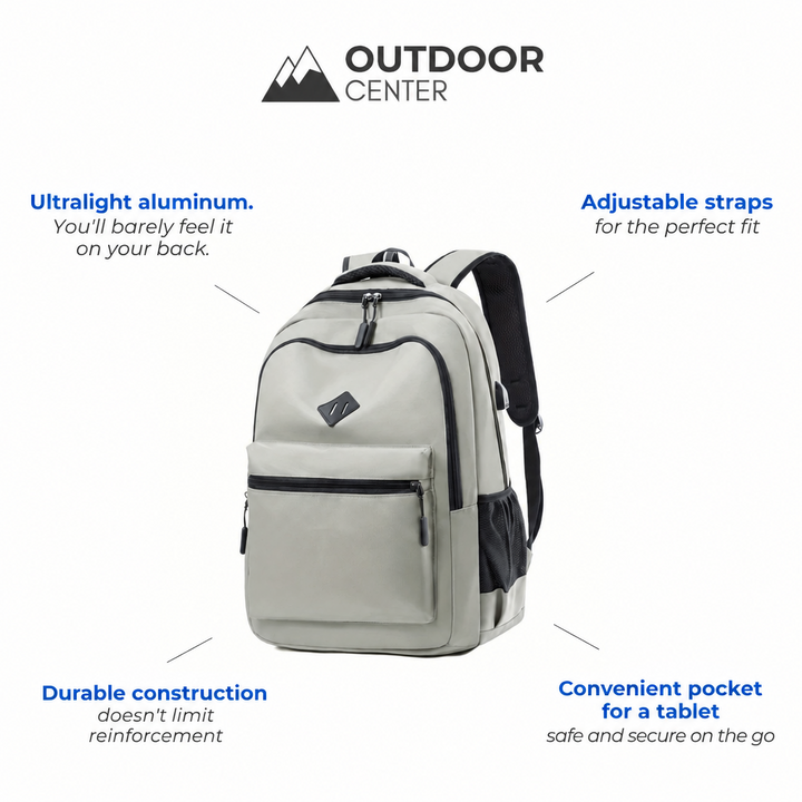 Black backpack with feature callouts around it pointing to the straps, pocket and construction.