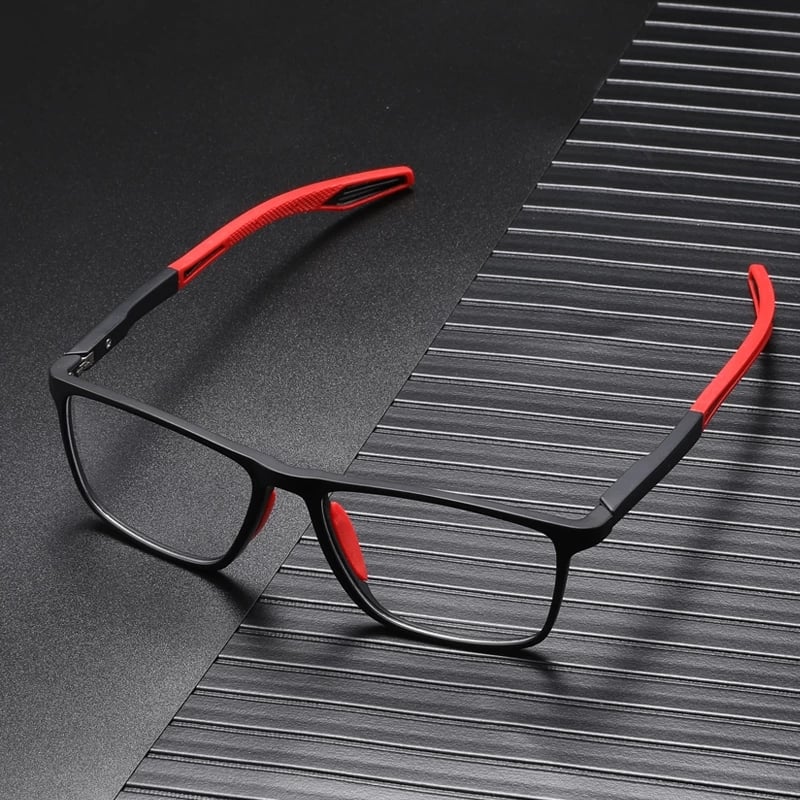 Unisex multifocal reading glasses with a black square frame, red rubberized temple tips, and red nose pads.