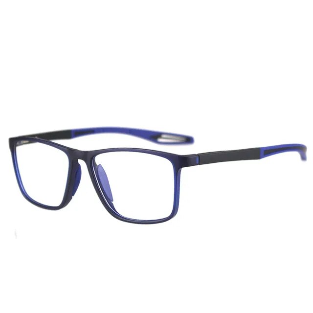 Unisex multifocal reading glasses with a translucent navy-blue frame and black and blue sporty temples, angled on white.