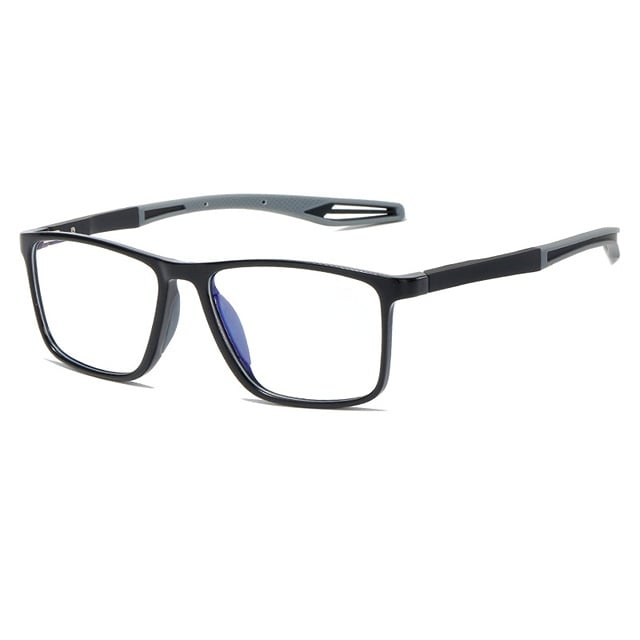Unisex multifocal reading glasses with a black square frame and gray cutout temple tips, angled on white.
