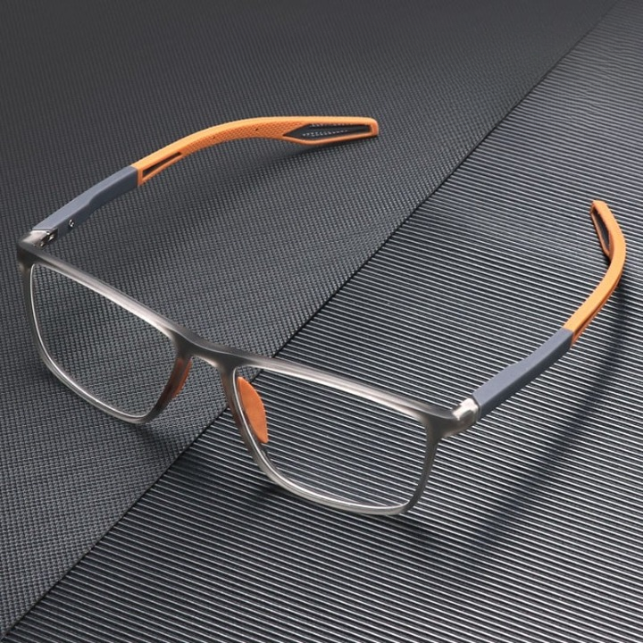 Unisex multifocal reading glasses with a gray translucent frame and orange sporty temple tips.