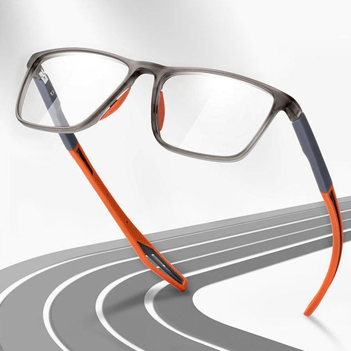 Unisex multifocal reading glasses with a gray frame and orange flexible temples.