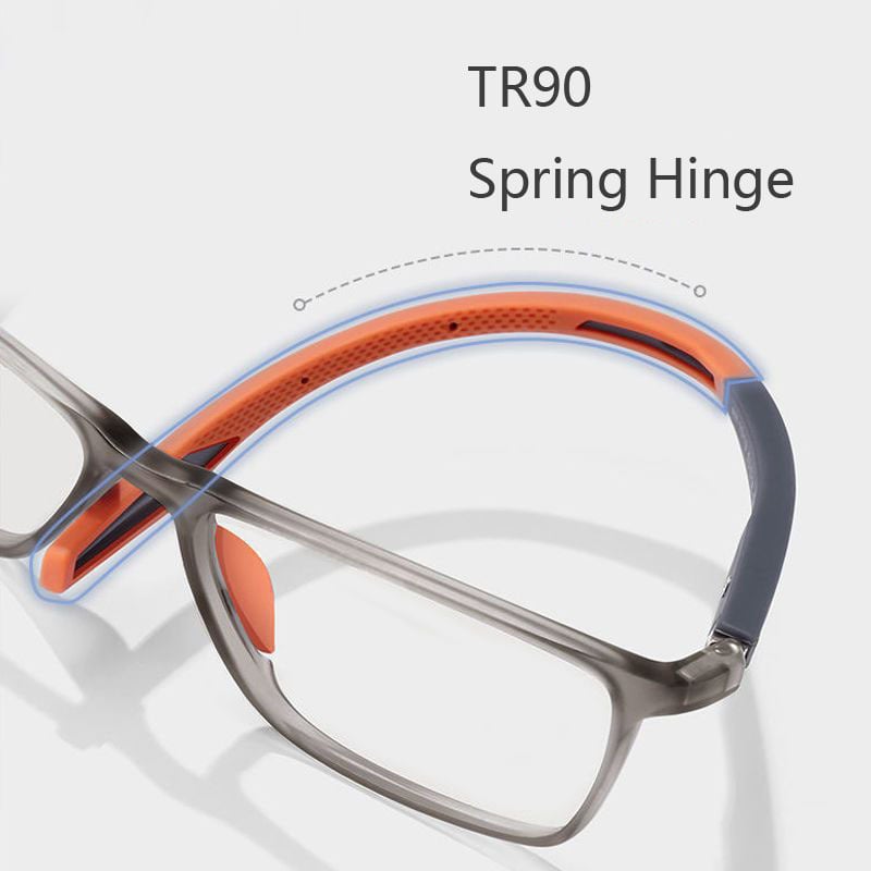 Unisex multifocal reading glasses detail of the orange perforated temple tip and gray frame.