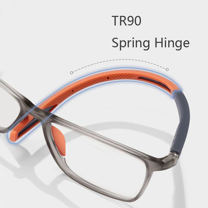 Unisex multifocal reading glasses detail of the orange perforated temple tip and gray frame.