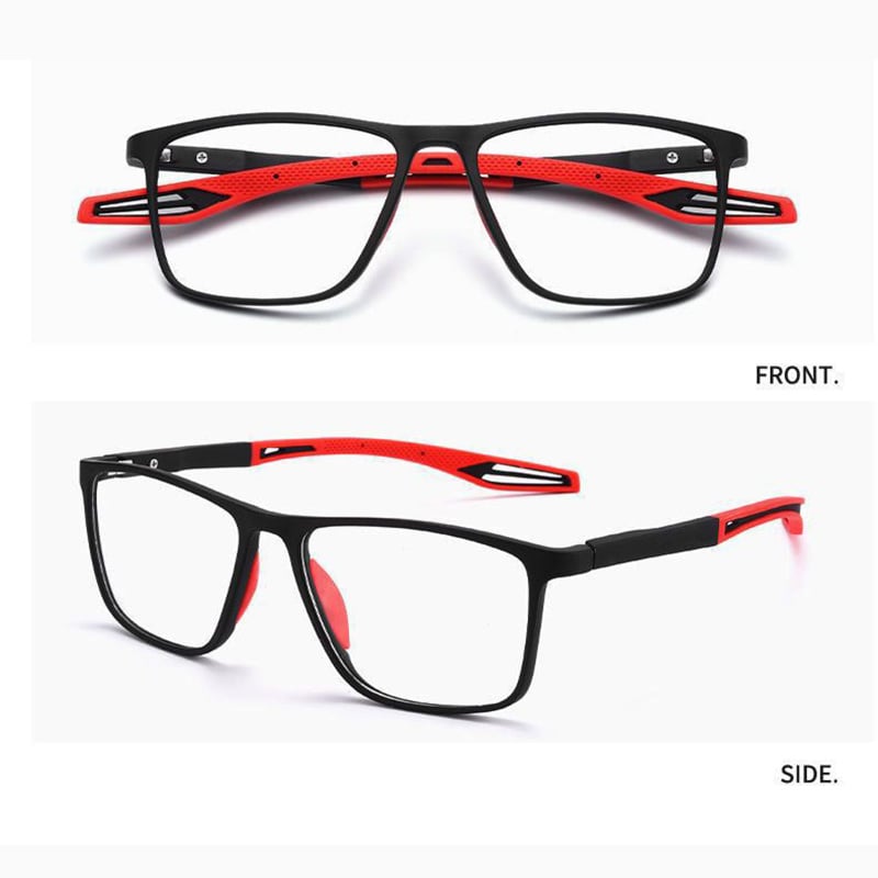 Unisex multifocal reading glasses with a black frame and red perforated temple tips and nose pads, front and side views.