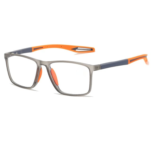 Unisex multifocal reading glasses with a gray translucent square frame and orange nose pads and orange-and-gray temples, angled on white.