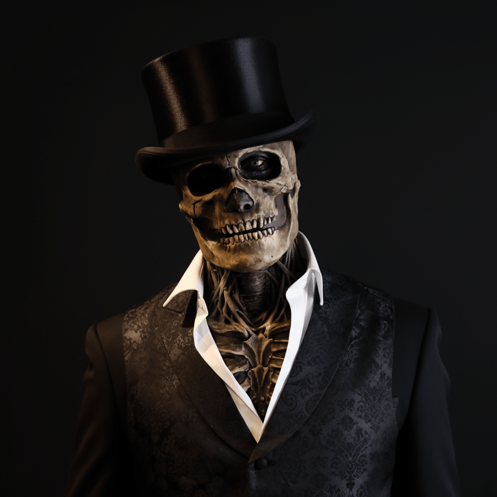 Adult wearing the skeleton mask with a black top hat, white shirt and dark patterned vest.