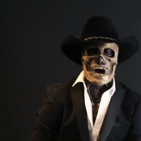 Adult wearing the skeleton mask with a wide-brim black hat and dark jacket.