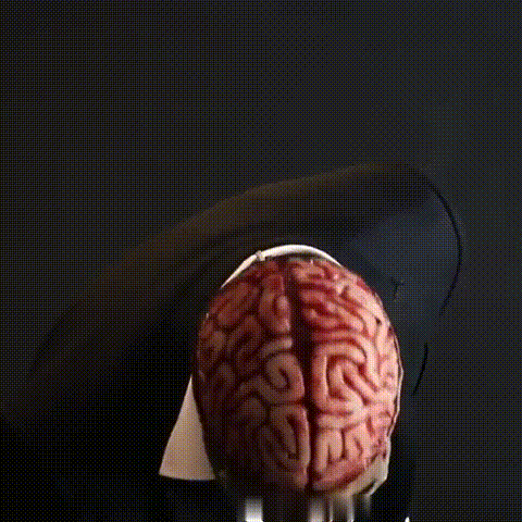 Top-down view of the mask's textured pink brain cap.