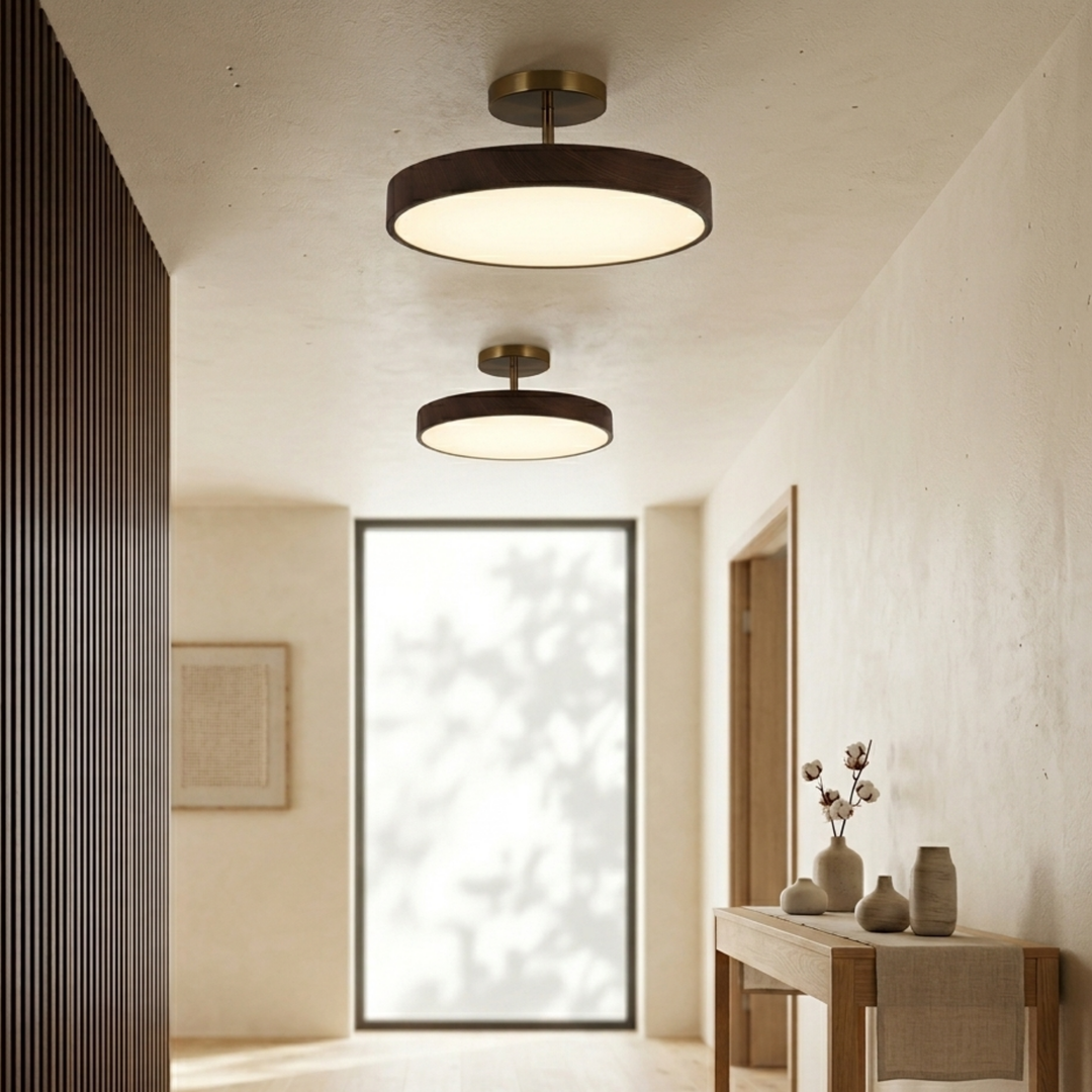 Two dark wood-look disc ceiling lights with brass-tone stems hang in a bright hallway with a tall window and console table.