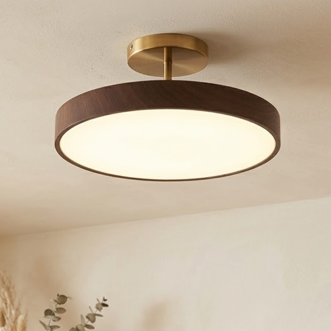 Dark walnut-look drum ceiling light with a brass-tone stem and canopy, glowing warmly on a cream ceiling beside dried grasses.