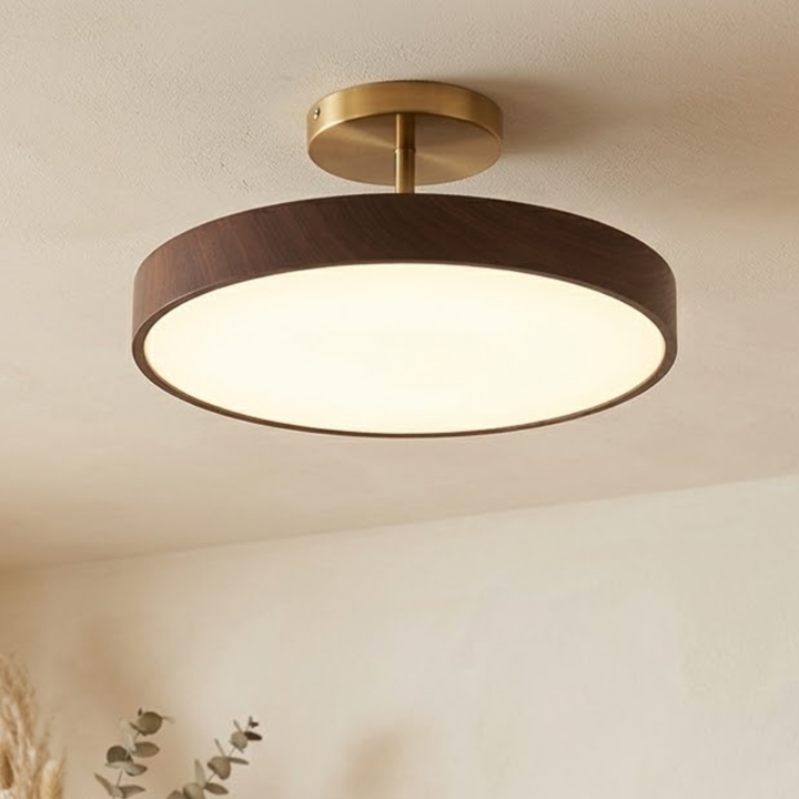 Dark walnut-look drum ceiling light with a brass-tone stem and canopy, glowing warmly on a cream ceiling beside dried grasses.