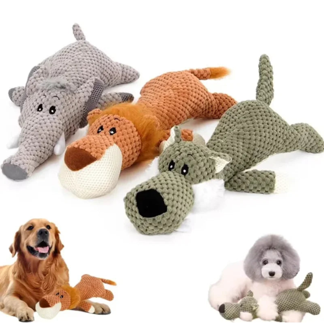 Another view of the plush dog chew toys with dogs playing with them.