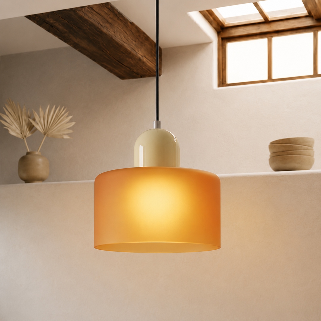 Lit pendant lamp with a frosted amber-orange drum shade and cream dome cap, glowing warmly in a rustic room. 42