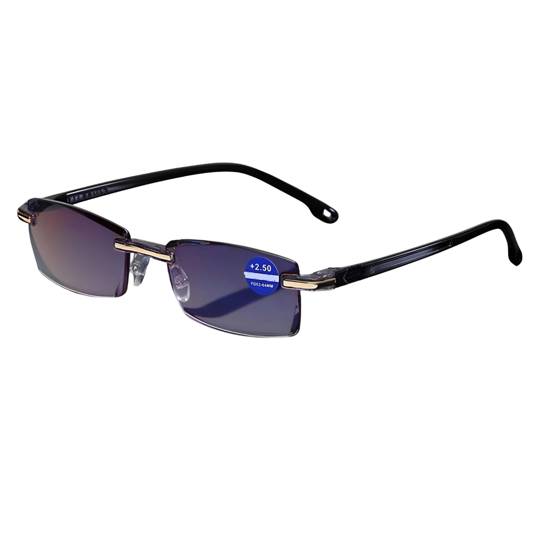 Rimless rectangular reading glasses with black temples and gold-tone hinge accents on a plain white background.