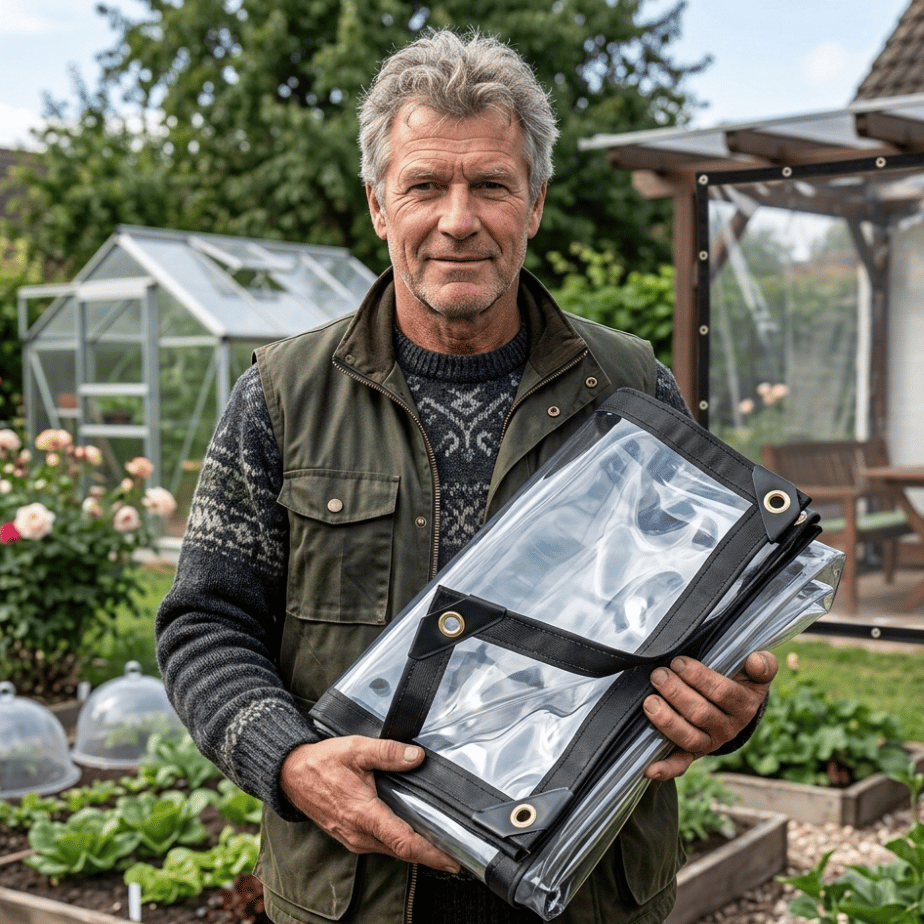 Folded clear tarp with black edging and metal eyelets in a garden.