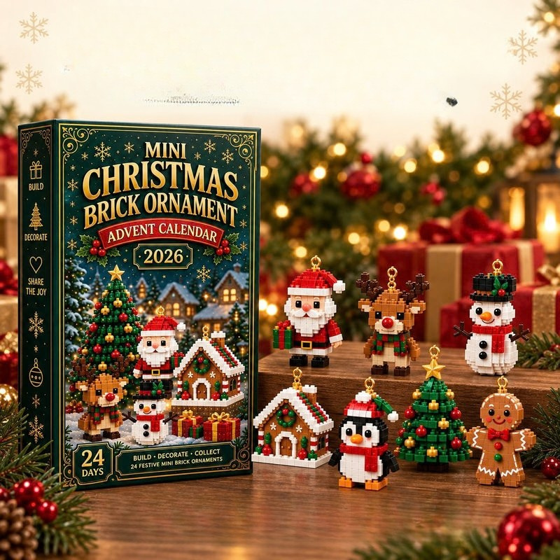 Advent calendar box next to six finished ornaments on a wooden shelf among festive decorations, another view.
