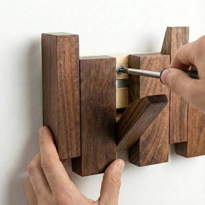 Close-up of hands screwing a walnut hook rack to a white wall with a screwdriver, one hook folded out. 4