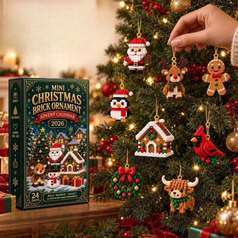 A hand hangs a brick Santa among other brick ornaments on a lit Christmas tree, detail.
