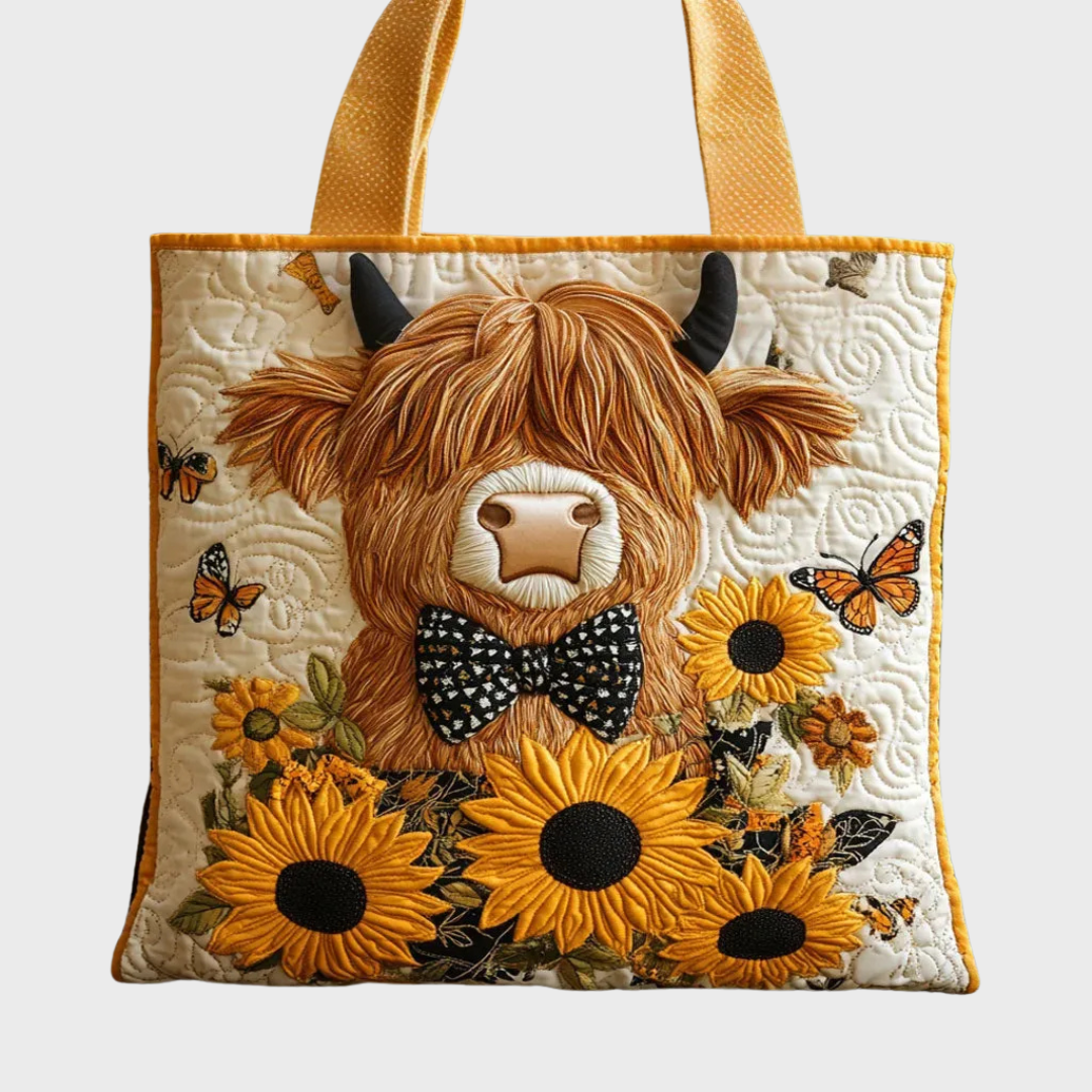 Front view of the swirl-quilted tote bag with appliqué Highland cow, sunflowers and butterflies, with mustard handles, on a plain light background.