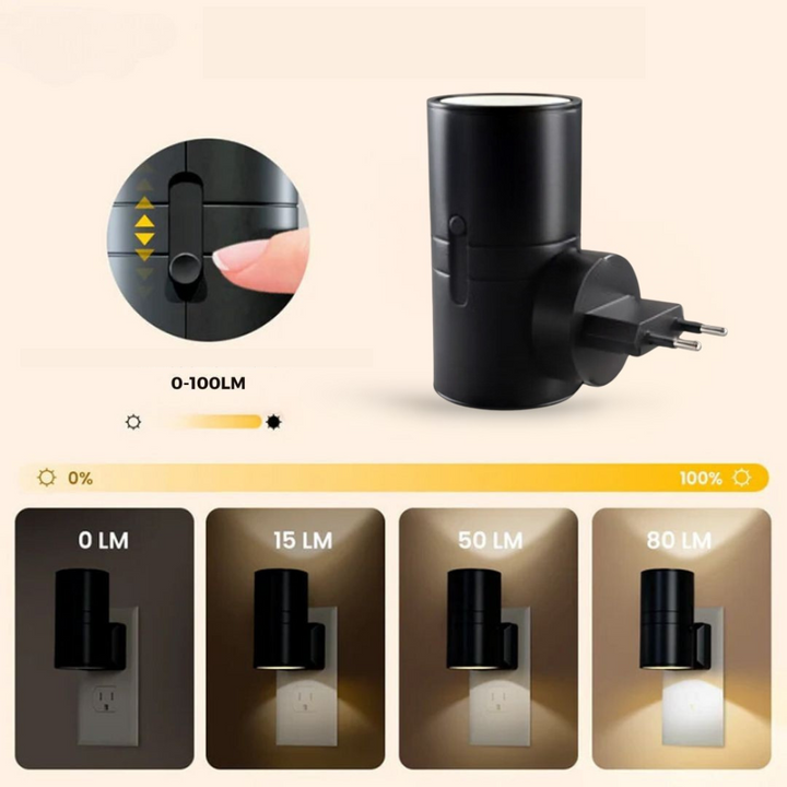Another view of a black lamp with a finger sliding the dimmer and four outlet examples showing increasing brightness levels.