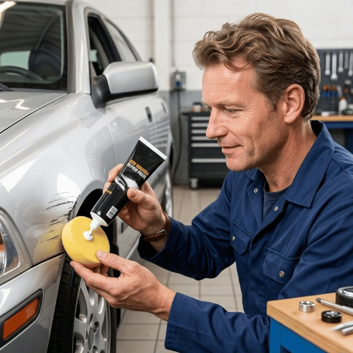 A mechanic in blue coveralls squeezes paste from a black tube onto a yellow foam pad beside a scratched silver car fender. 1