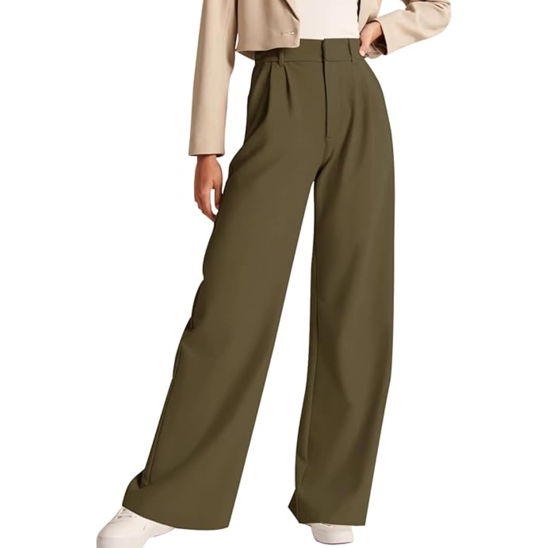 Damenhose, weit geschnitten, olivgrün, elegant, modisch, Anzughose, Herbstmode, Bürooutfit.