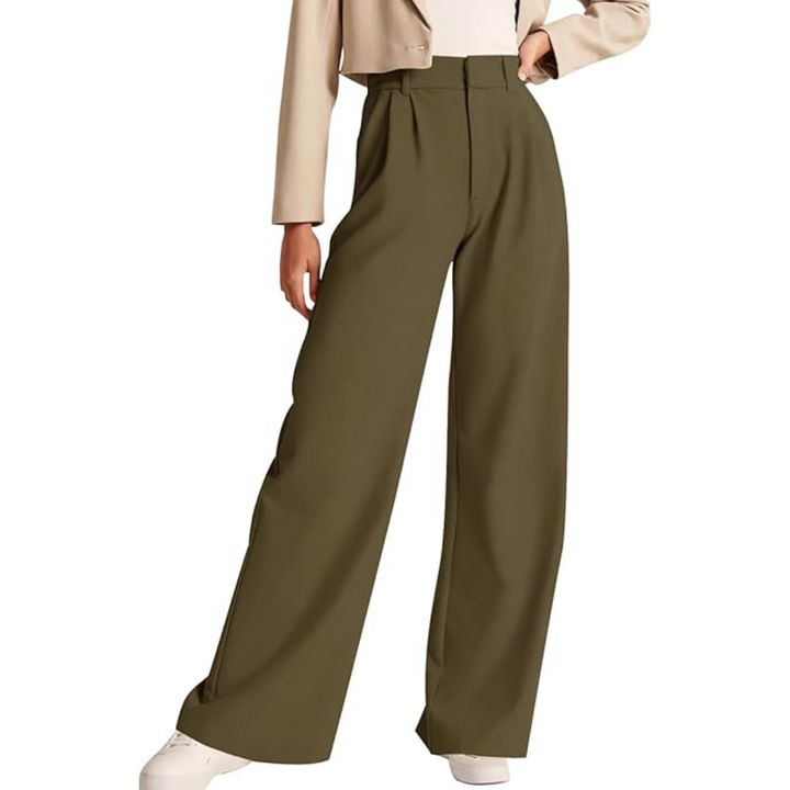 Damenhose, weit geschnitten, olivgrün, elegant, modisch, Anzughose, Herbstmode, Bürooutfit.