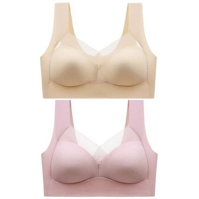 Two bras laid flat, one beige and one pink, both with sheer mesh V-necklines 20
