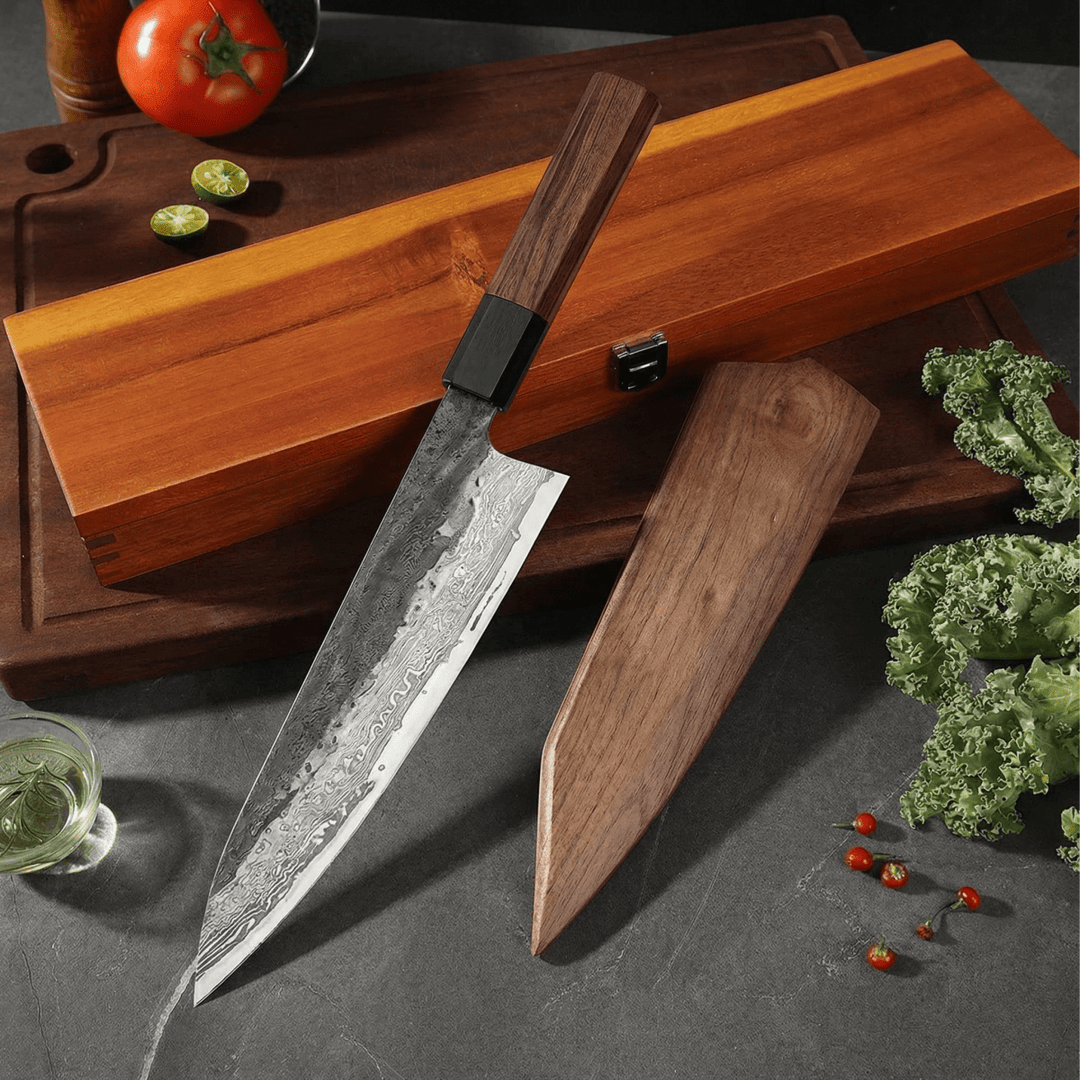 Kiritsuke knife with its wooden sheath and hinged wooden gift box.