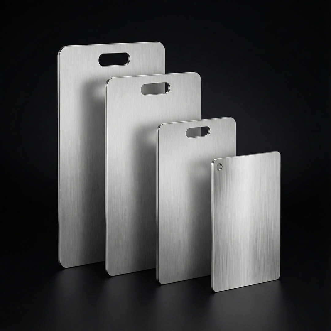 Four brushed metal cutting boards in graduated sizes standing upright against a dark backdrop, three with finger-slot handles and the smallest with a hanging ho