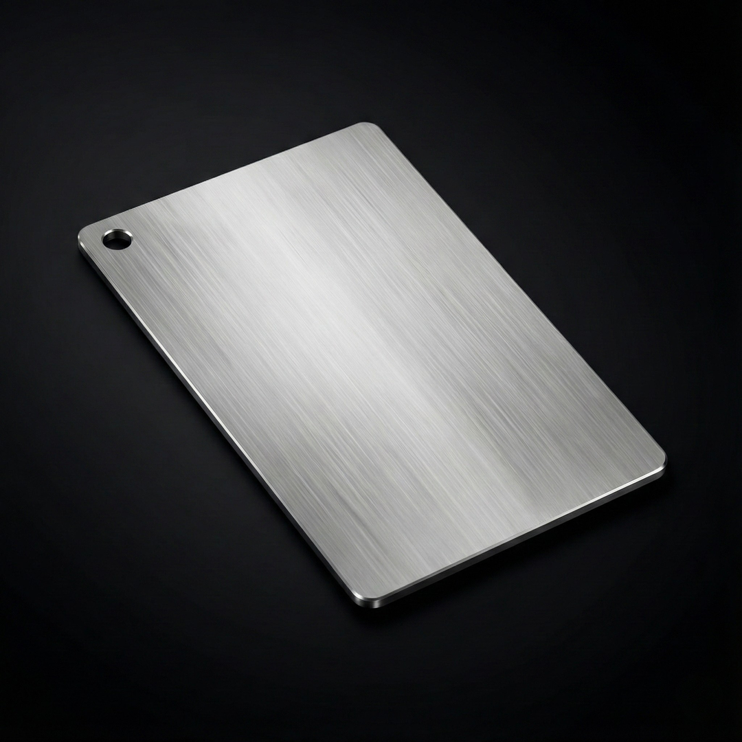 Small brushed metal cutting board with a round hanging hole in one corner, angled on a dark surface to show the fine grain.