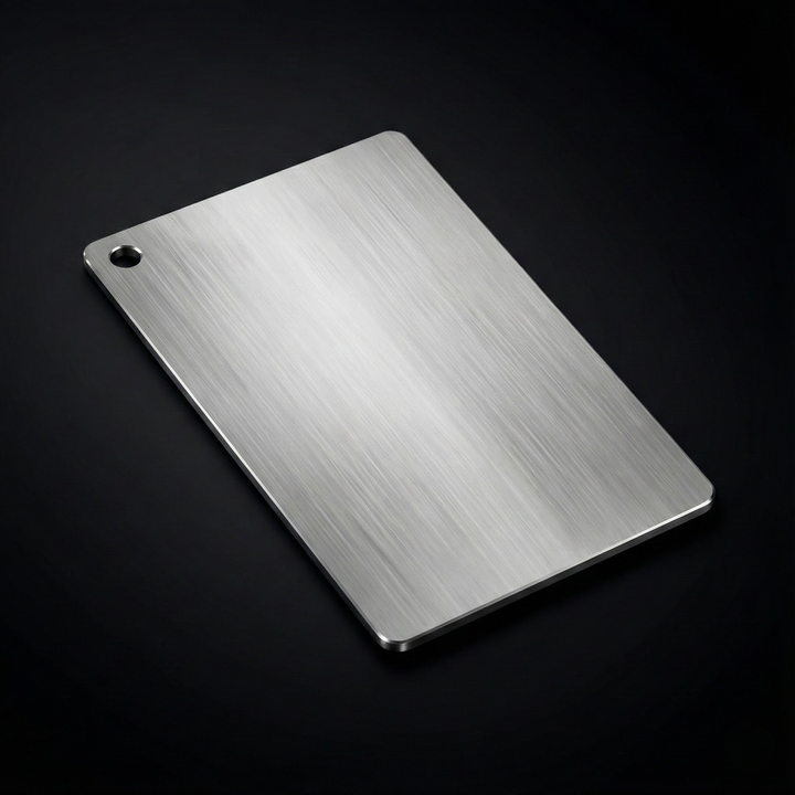 Small brushed metal cutting board with a round hanging hole in one corner, angled on a dark surface to show the fine grain.