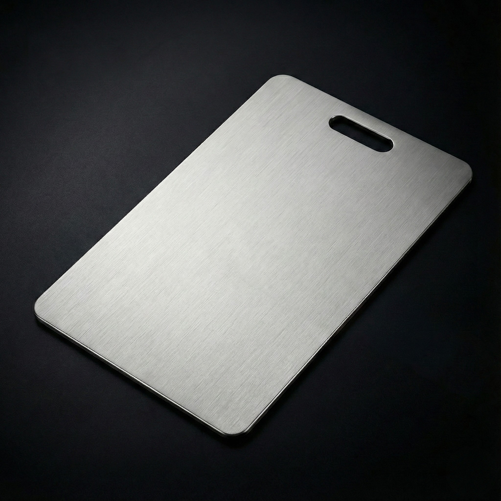 Single brushed metal cutting board with rounded corners and an oval handle slot, shown at an angle on a dark surface.
