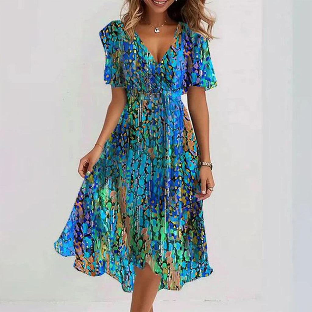 Women's Floral Midi Dress - V-Neck Flutter Sleeve