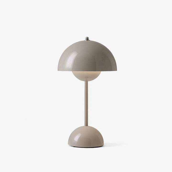 Warm gray-beige rechargeable USB table lamp with a slim stem and rounded base against a white background.
