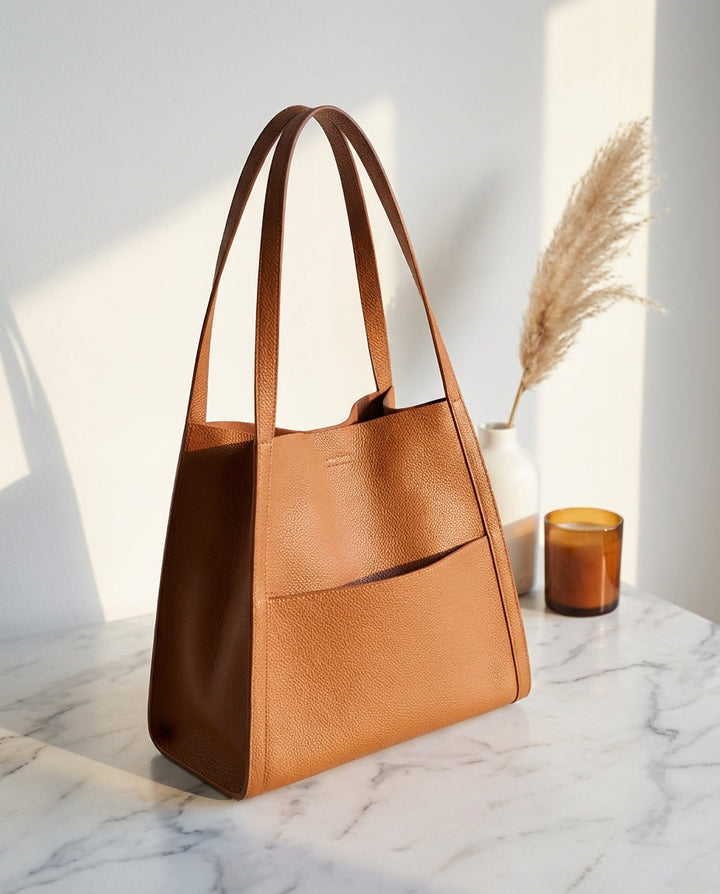 Brown pebbled leather tote with two upright straps and a front slip pocket, standing on a marble surface beside pampas grass and a candle.