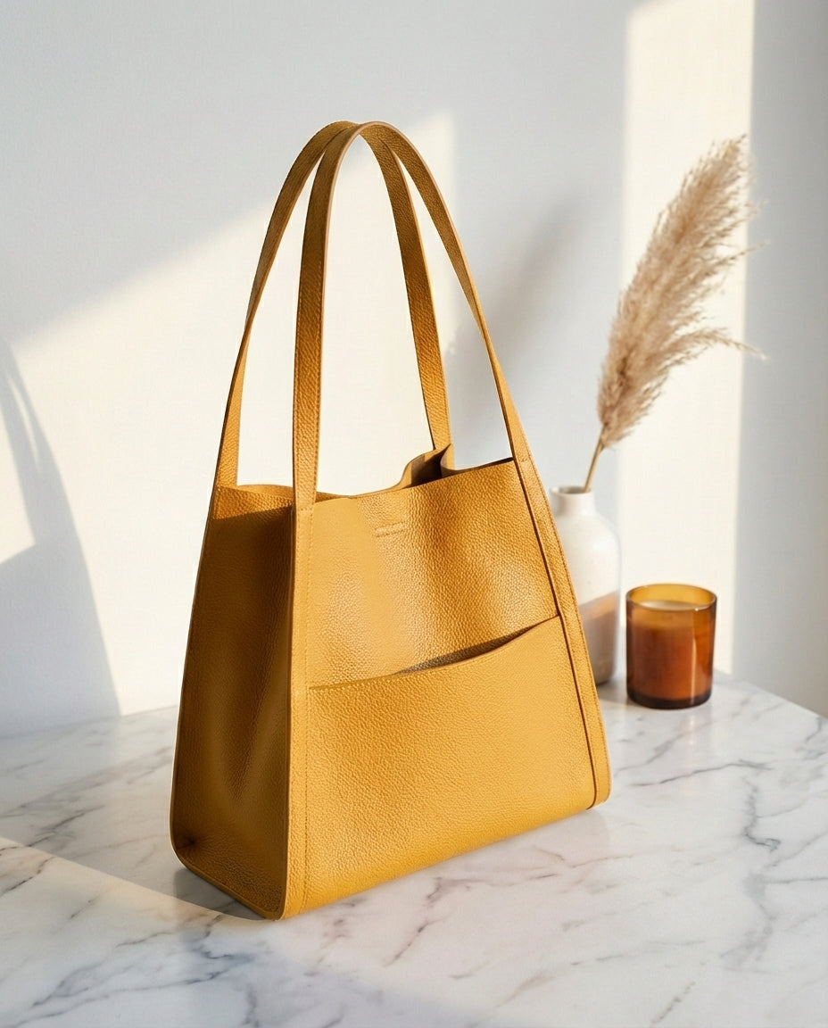 Mustard yellow pebbled leather tote with a front pocket, shown on a marble surface next to pampas grass and a candle.